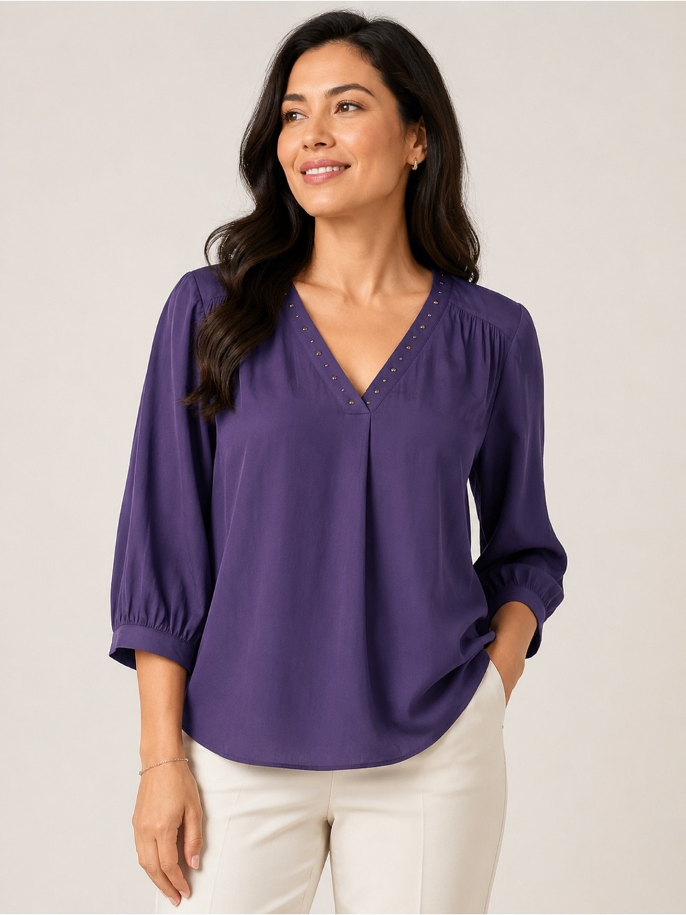 Chico's Size 1 Purple V-Neck Poet Blouse Stud Accents Flowy Draped Chicos Medium
